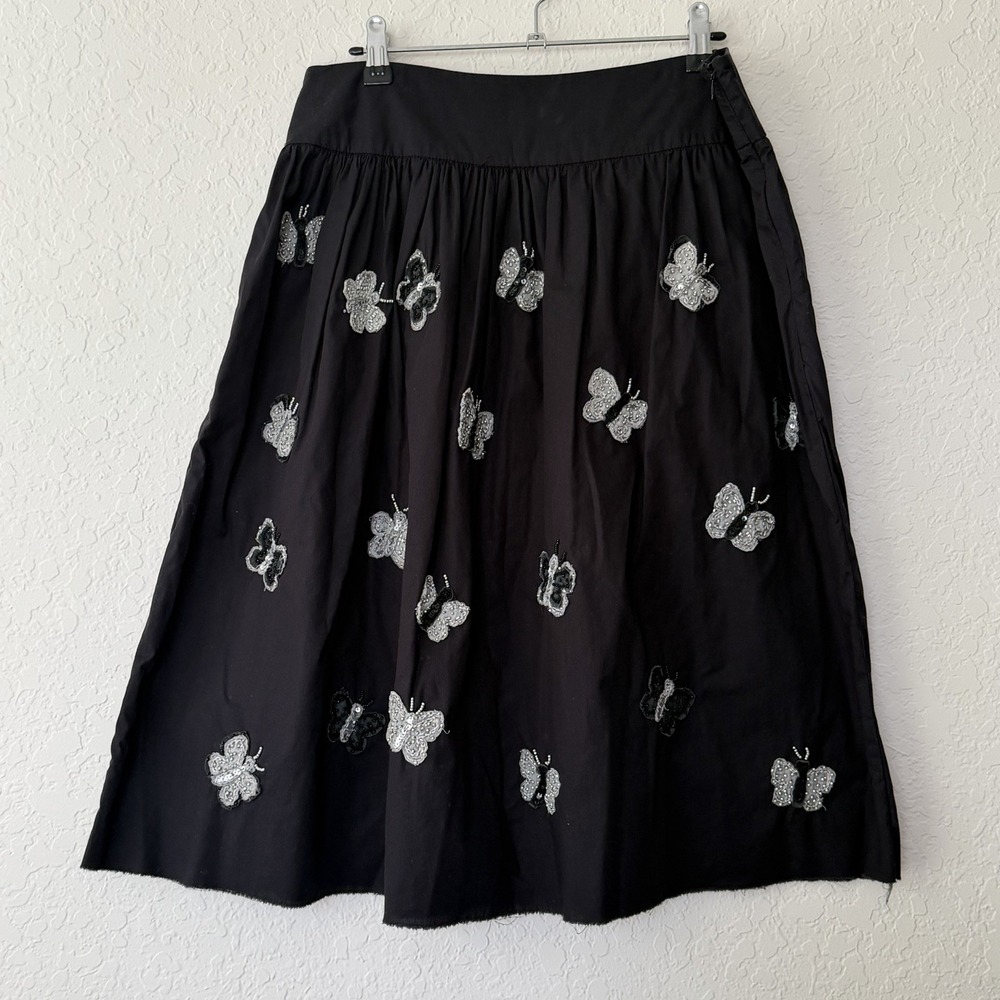Vintage 90s Y2K Skirt Medium Embroidered Butterfly Cotton Beaded Teacher Kidcore